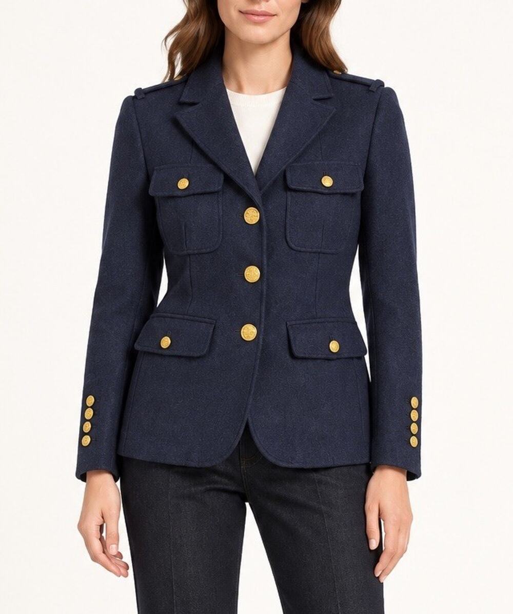 Fossil Navy Wool Blend Military Blazer Gold Crest Buttons Jacket Small S